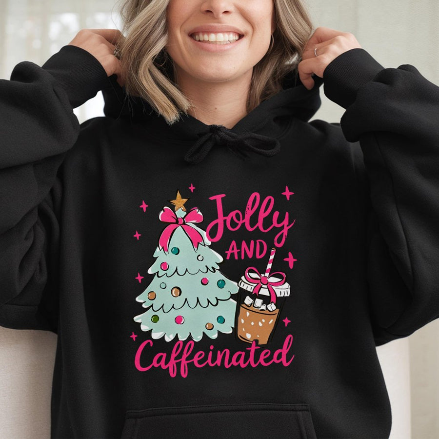 Jolly and Caffeinated Hoodie | Christmas Coffee Lover Graphic Sweatshirt | Premium Cotton-Poly Blend | Cozy Holiday Gift for Coffee Addicts