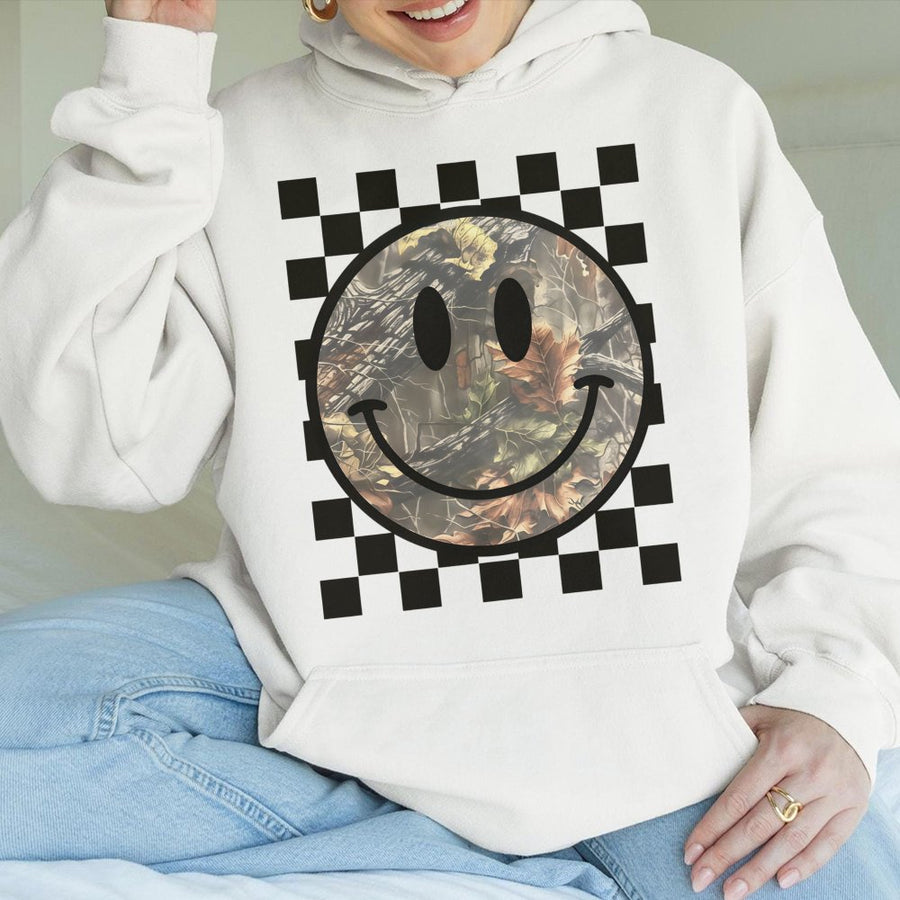 Camo Smiley Face Hoodie | Retro Checkerboard Print | Premium Cotton Blend | Unisex Streetwear Gift for Her