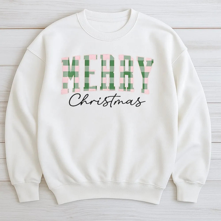 Merry Christmas Sweatshirt | Green Buffalo Plaid Lettering | Premium Cotton Blend | Retro Holiday Gift for Women and Family