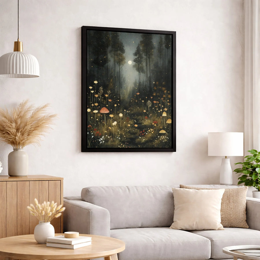 Enchanted Forest Canvas Wall Art | Moonlit Mushroom Meadow Print | Premium Fade-Resistant Gallery Wrap | Whimsical Nature Home Decor Gift