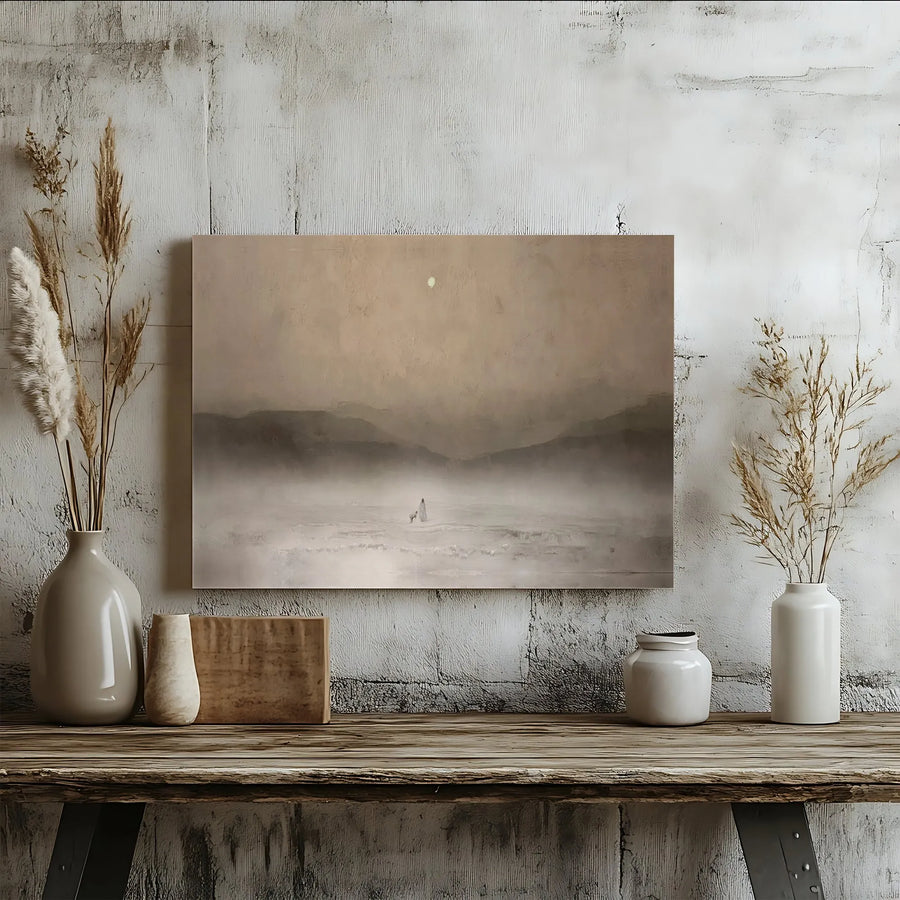 Misty Landscape Canvas Wall Art | Minimalist Shepherd and Lamb Silhouette | Premium Gallery-Wrapped Print | Serene Religious Home Decor Gift