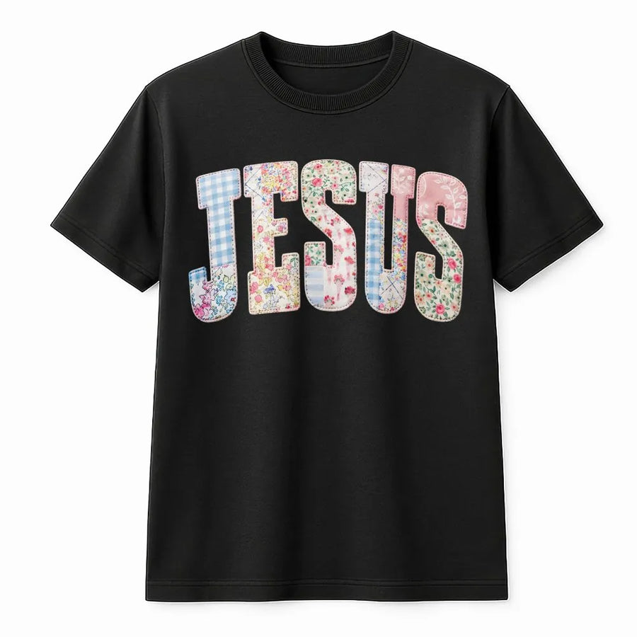 Jesus T-Shirt | Floral Gingham Patchwork Letters | Premium Soft Cotton | Christian Faith Gift for Women
