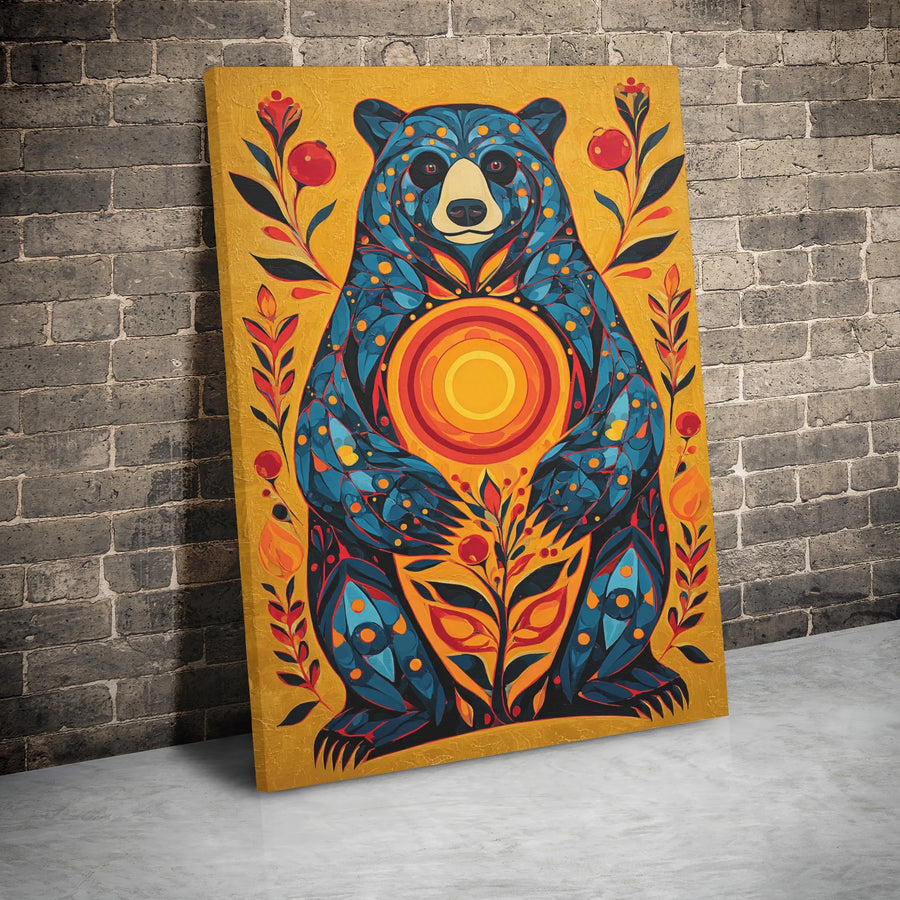 Boho Folk Art Bear Canvas | Sun Symbol Floral Wall Decor | Premium 1.25-Inch Gallery Wrap | Wildlife Animal Art for Nature Lover Gift