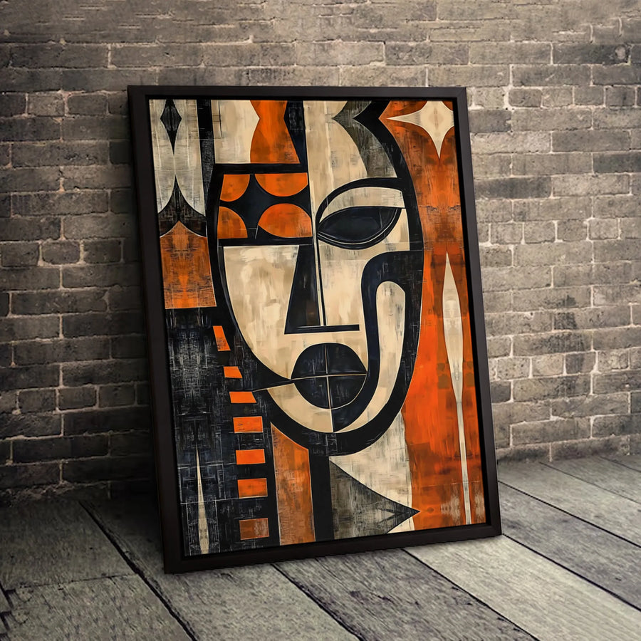 Abstract Cubist Face Canvas Art | Modern Geometric African-Inspired Wall Decor | Premium 1.25" Gallery Wrap | Bold Orange & Black Home Interior Gift