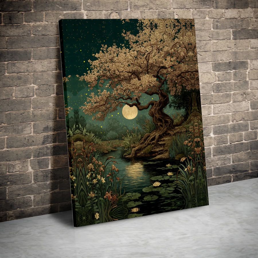 Enchanted Tree Canvas Art | Moonlit River & Fireflies Illustration | Premium Gallery-Wrapped Print | Living Room Wall Decor Gift