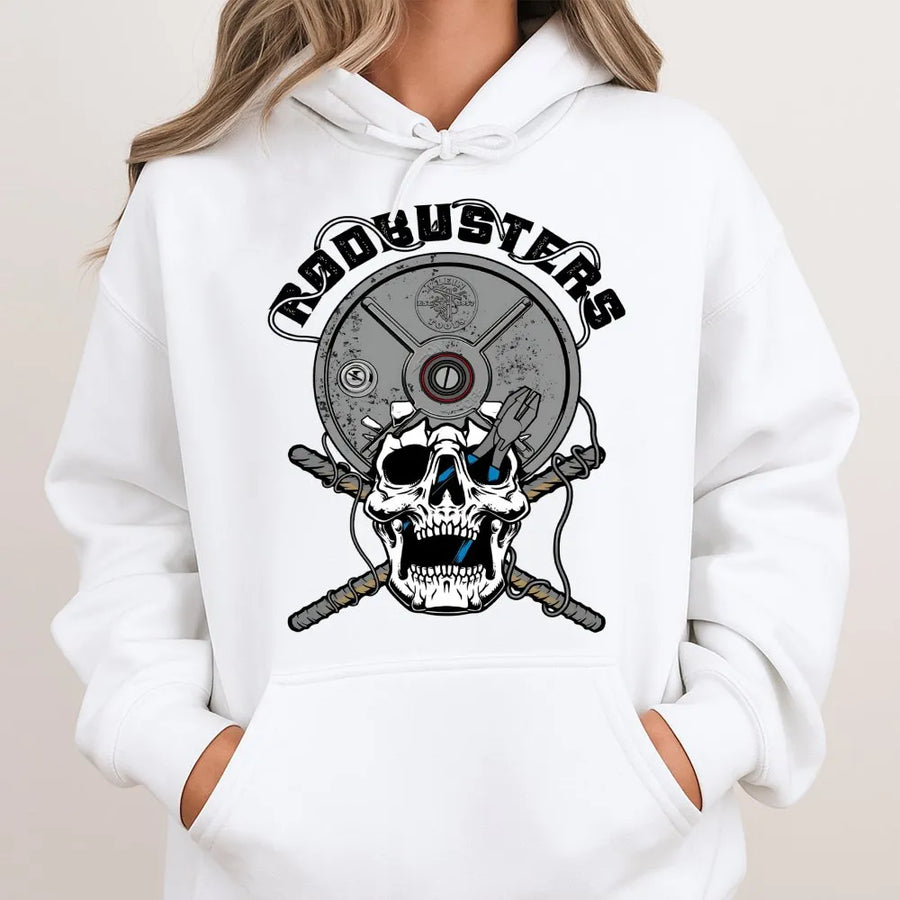 Rodbuster Hoodie | Ironworker Skull Graphic | Premium Cotton Blend | Gift For Ironworker Husband & Blue Collar Trade Union Proud