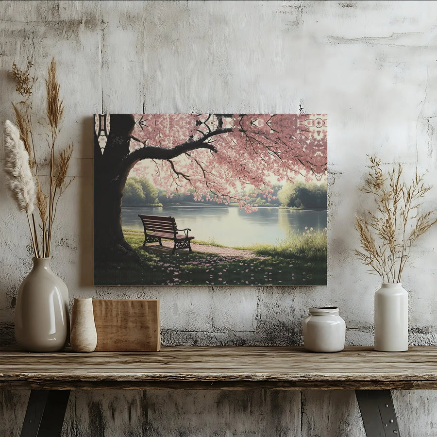 Cherry Blossom Canvas Wall Art | Peaceful Lake Landscape with Park Bench | 1.25-Inch Premium Gallery Wrap | Serene Nature Home Decor Gift