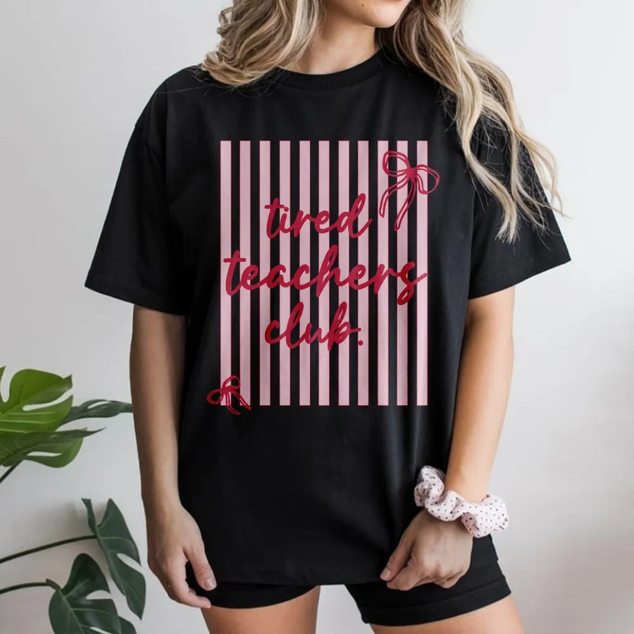 Tired Teachers Club T-Shirt | Retro Striped Preppy Graphic | Soft Cotton Blend Sweatshirt | Funny Appreciation Gift for Teachers