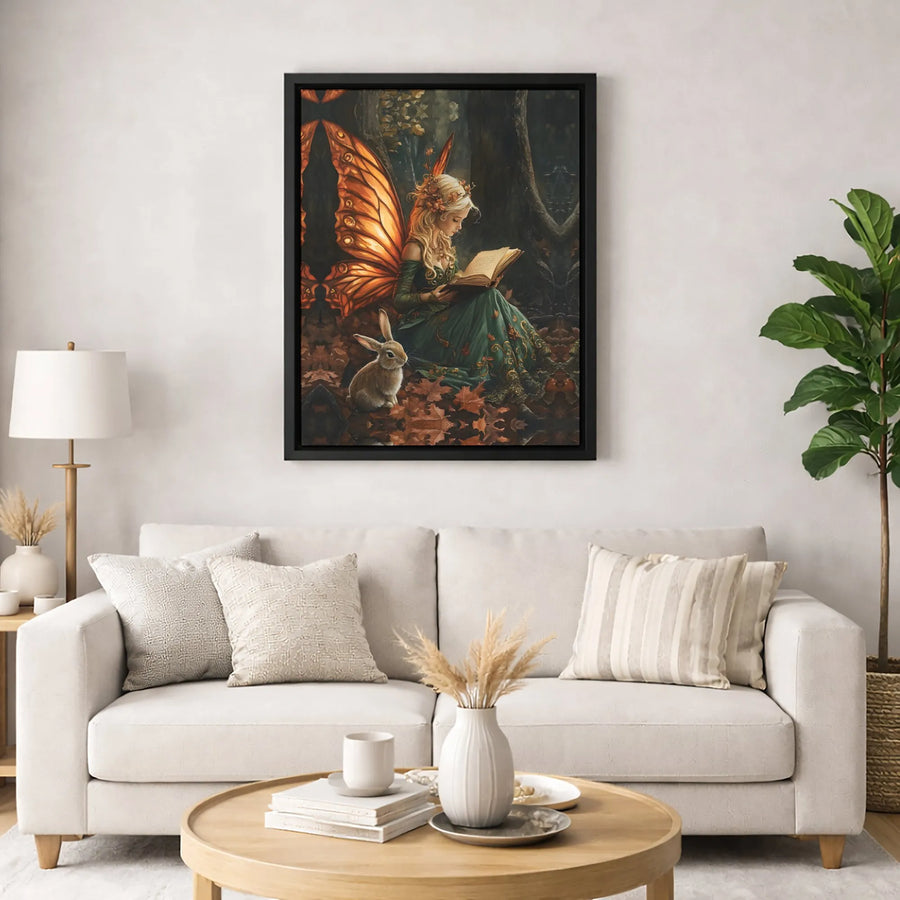 Fairy Wall Art Canvas | Autumn Forest Butterfly Wings Reading Rabbit | 1.25-Inch Gallery Wrap Print | Whimsical Nature Home Decor Gift