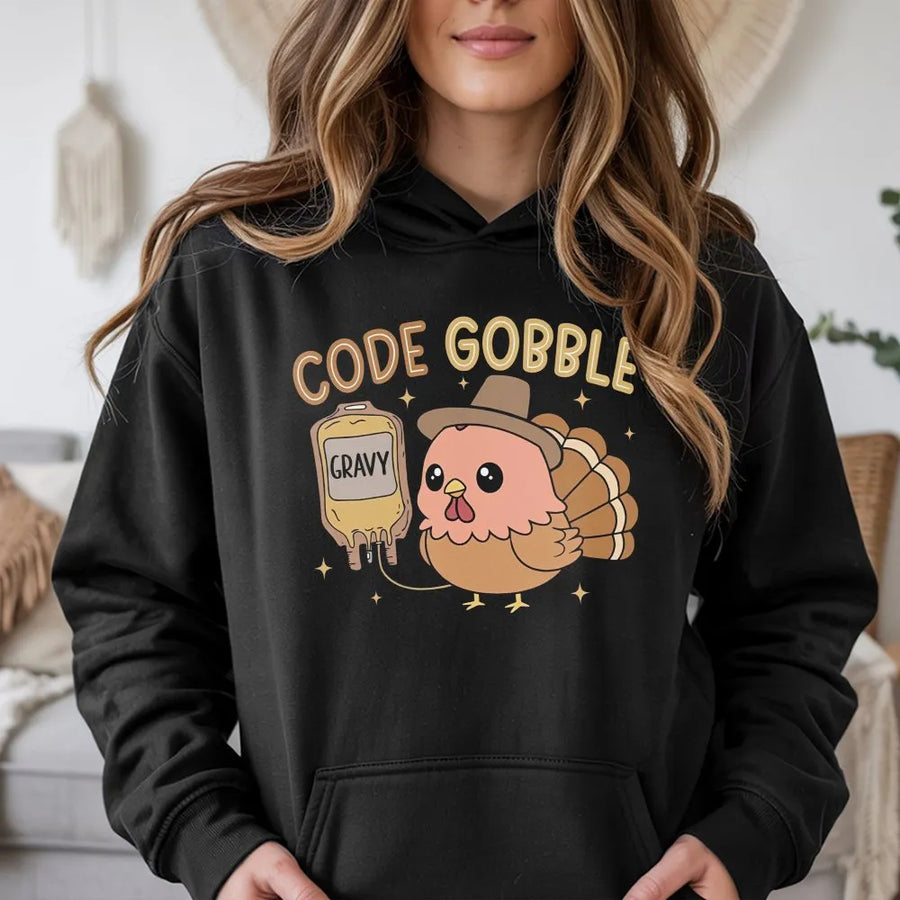 Funny Nurse Thanksgiving Hoodie | Code Gobble Turkey Graphic | Premium Cotton Blend Sweatshirt | Gift for RN CNA ER Nurse Crew