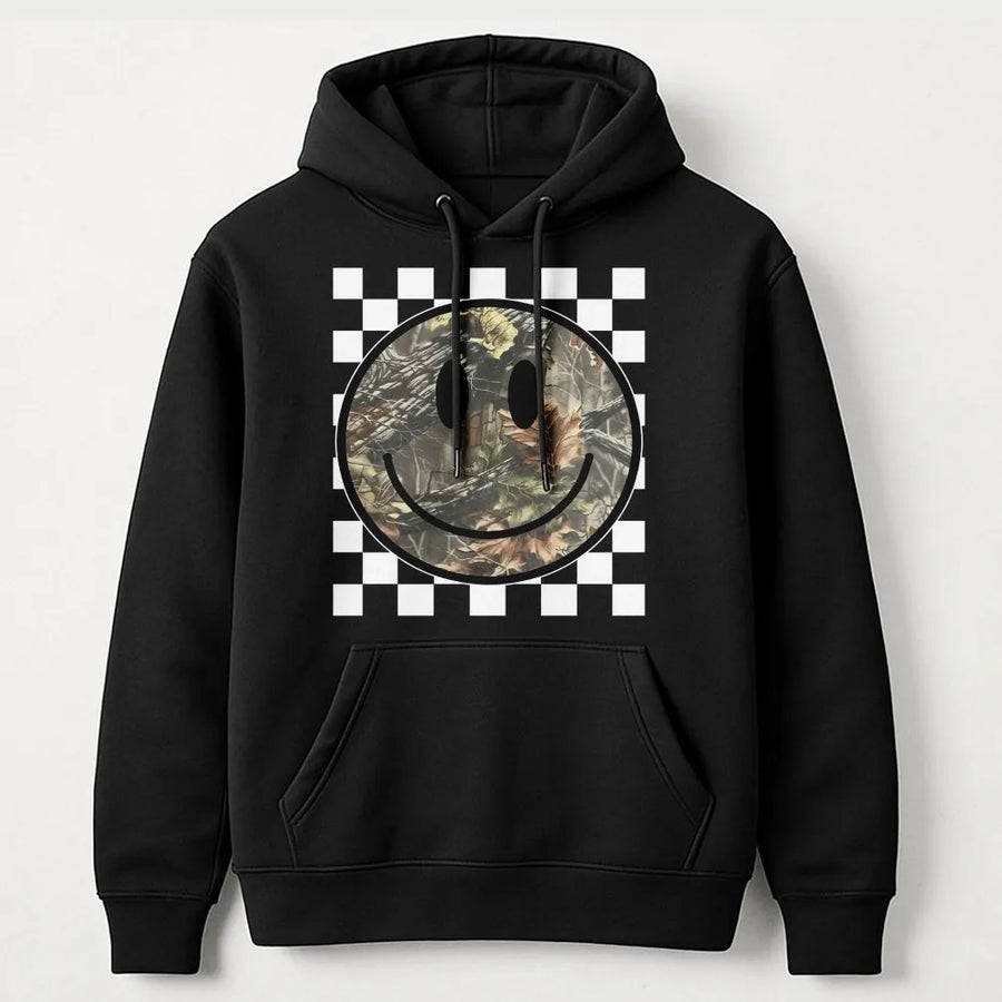 Camo Smiley Face Hoodie | Checkerboard Graphic Print | Premium Soft Cotton Blend | Western Style Aesthetic Gift for Women and Men