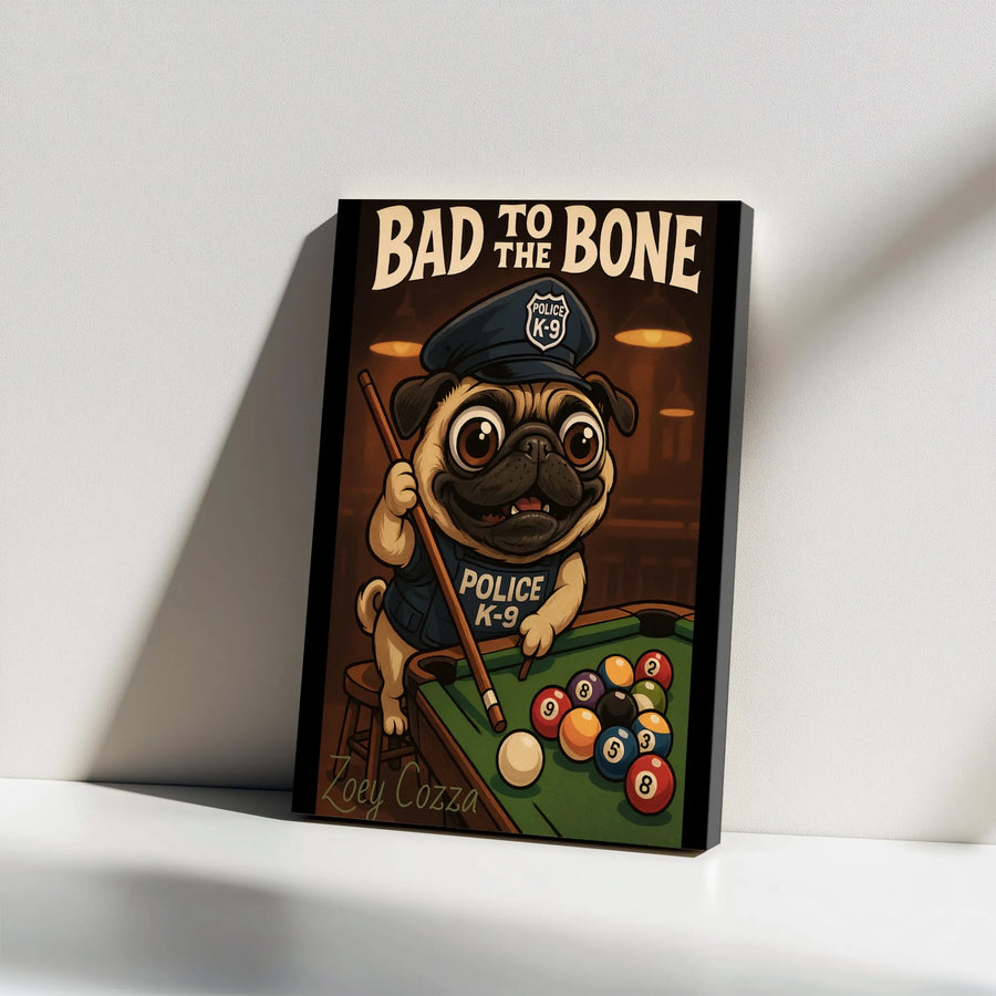 Police K9 Pug Wall Art | Bad To The Bone Billiards Design | Premium Gallery Wrap Canvas | Unique Dog Lover Gift For Office Or Man Cave