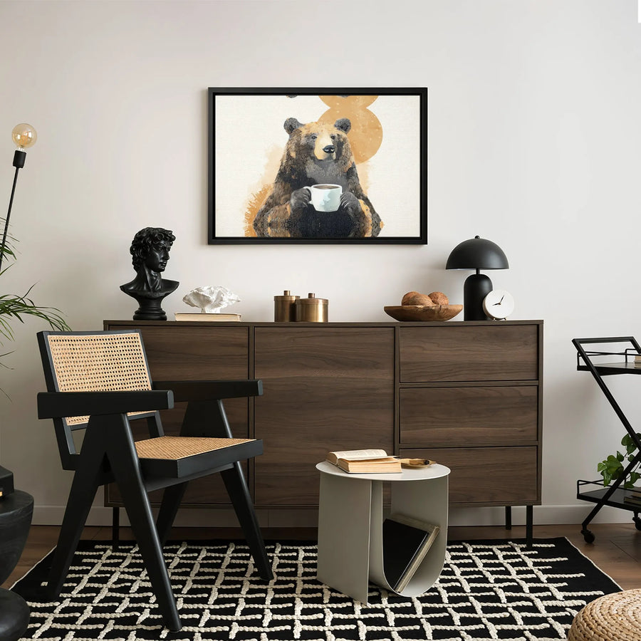 Bear Drinking Coffee Canvas Wall Art | Whimsical Animal Watercolor Decor | Premium Fade-Resistant Print | Cozy Cabin Home Office Gift