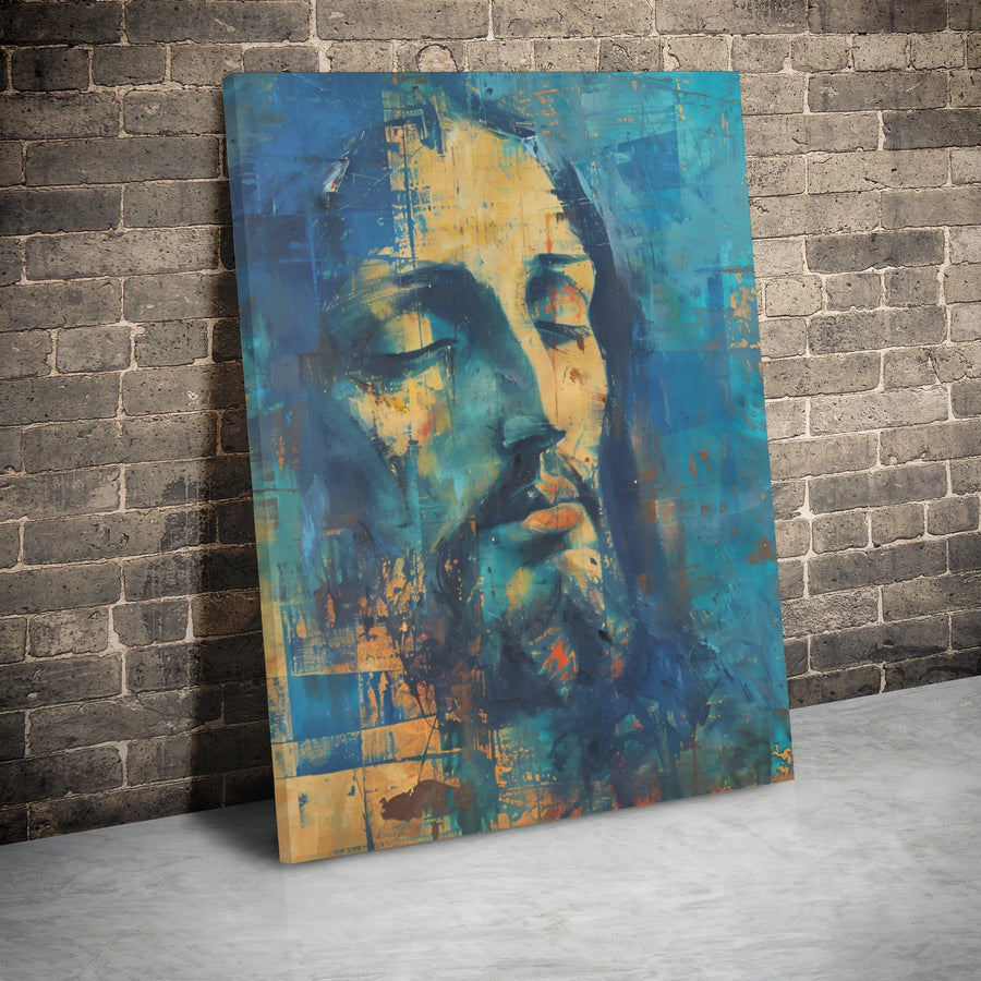 Jesus Christ Canvas Wall Art | Abstract Blue Portrait Painting | Premium Gallery Wrap Print | Modern Religious Home Decor Gift