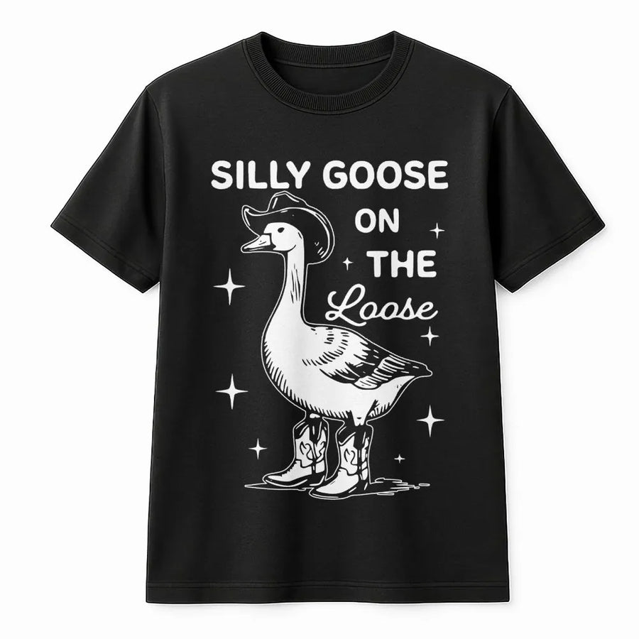 Silly Goose On The Loose T-Shirt | Cowboy Goose with Hat and Boots | Premium Soft Cotton Graphic Tee | Funny Farm Animal Gift for Men and Women