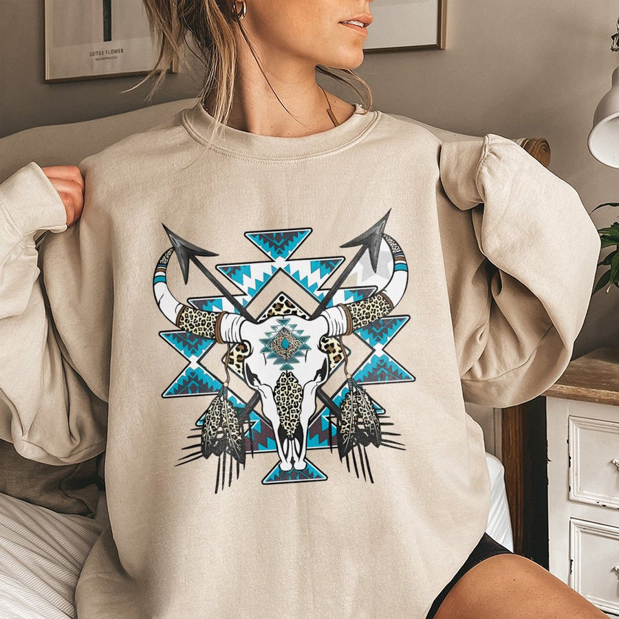 Western Bull Skull Sweatshirt | Leopard Print & Southwestern Geometric Design | Premium Cotton Blend | Boho Cowgirl Gift for Women