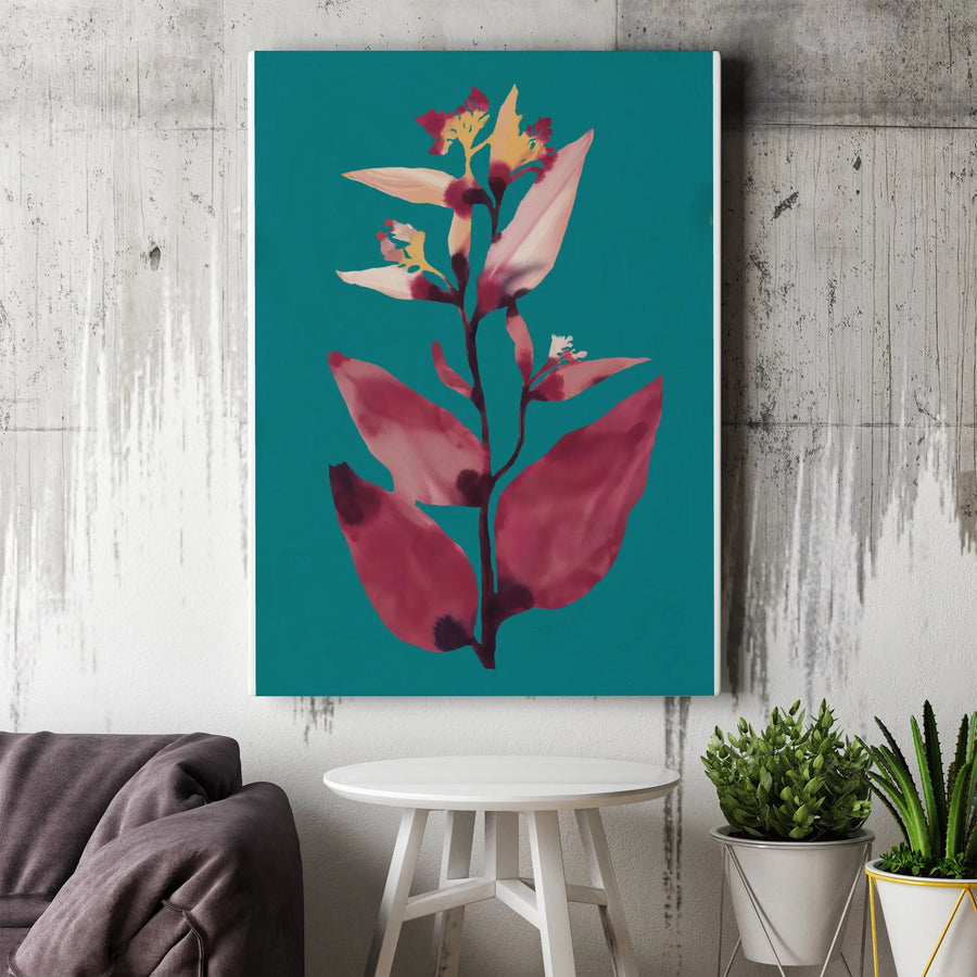 Modern Botanical Canvas Art | Abstract Tropical Flower Painting in Teal and Pink | Premium Gallery Quality Print | Living Room Wall Decor Gift