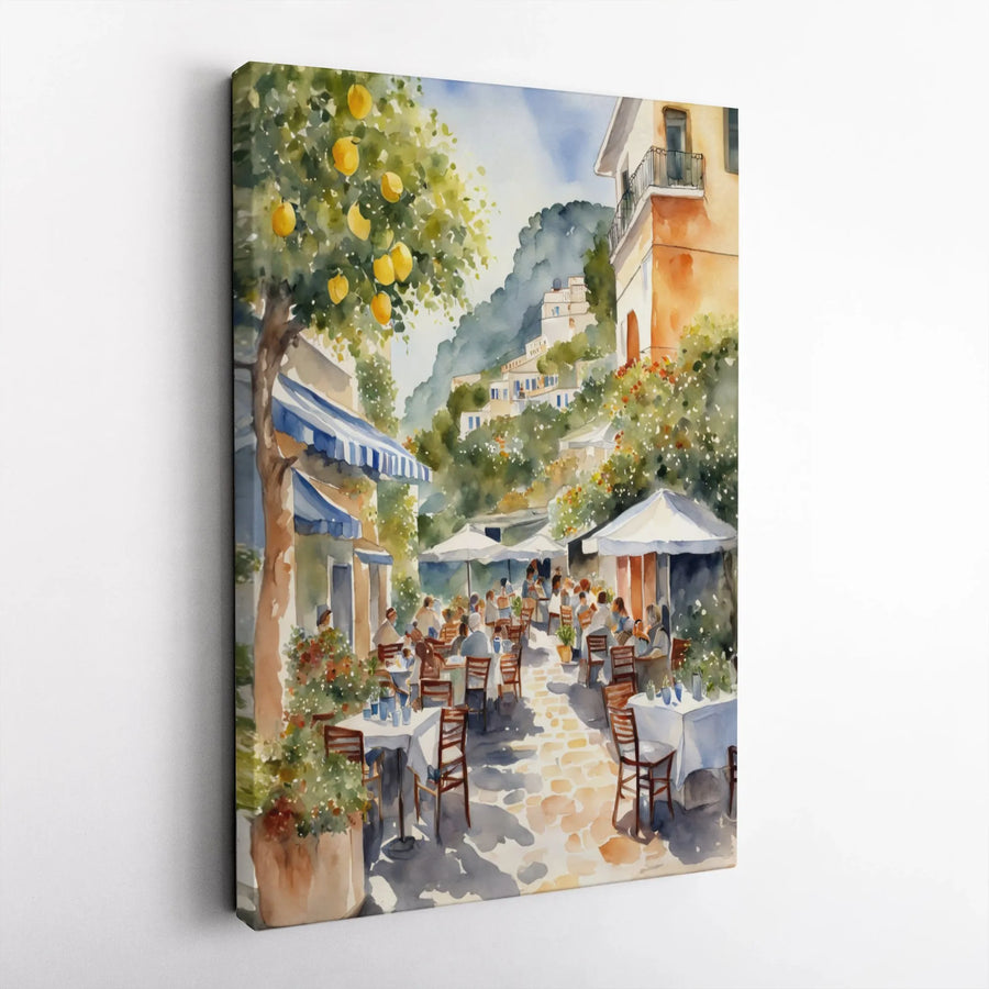 Italian Cafe Watercolor Canvas | Amalfi Coast Lemon Tree Art | Gallery Quality Framed Print | Mediterranean Home Decor Wall Art