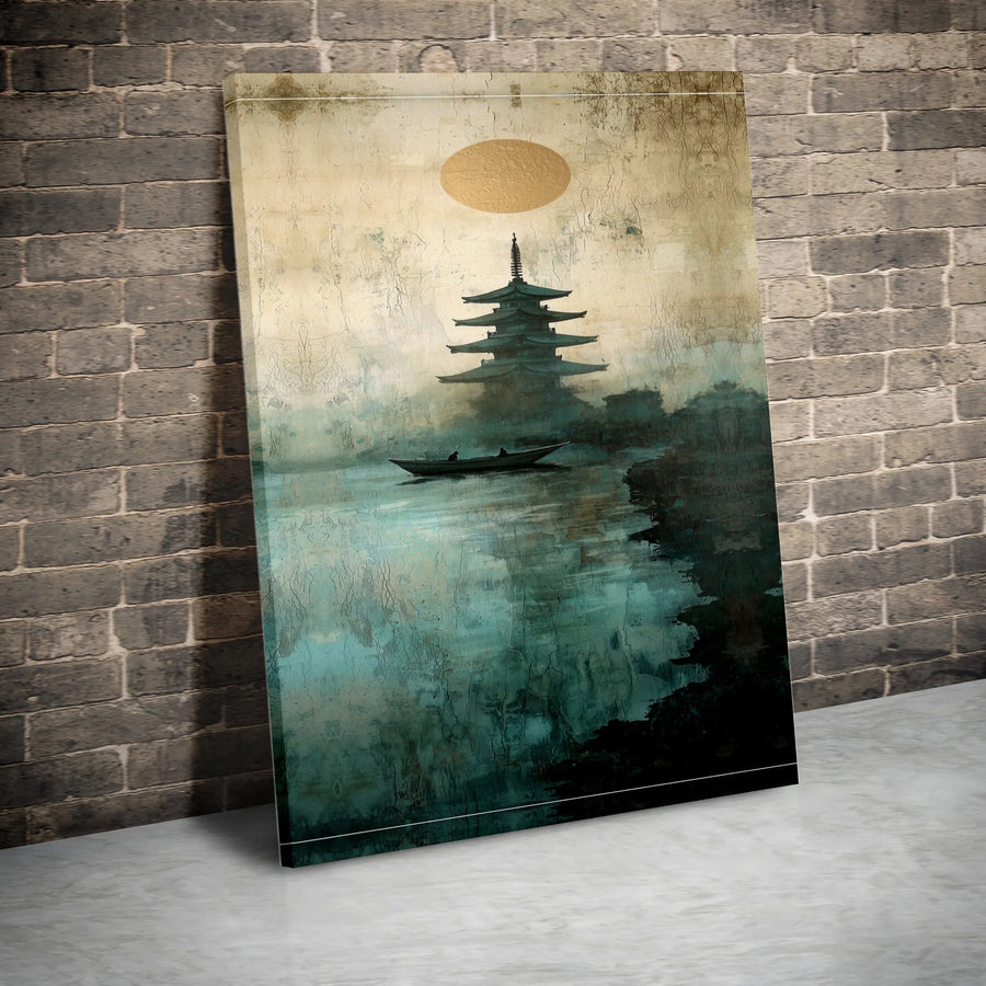Japanese Pagoda Canvas Wall Art | Vintage Japanese Landscape Painting | Thick 1.25" Gallery Wrap | Zen Meditation Room Decor Gift