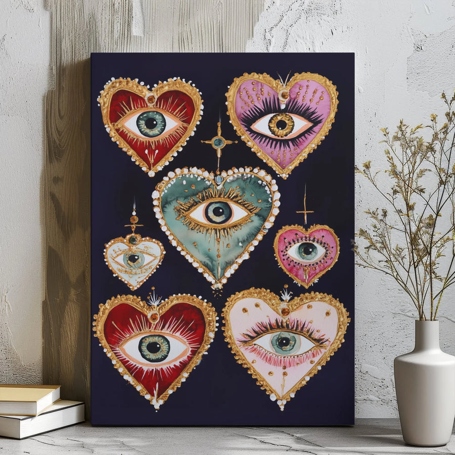Mystical Evil Eye Canvas Wall Art | Sacred Hearts Spiritual Decor | Premium Gallery Wrap Print | Gothic Witchy Boho Home Decor Gift
