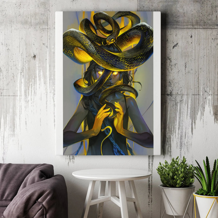 Serpent Goddess Vertical Canvas | Mythical Woman with Glowing Eyes | Premium Thick Gallery Wrap | Collector's Dark Fantasy Wall Art Gift
