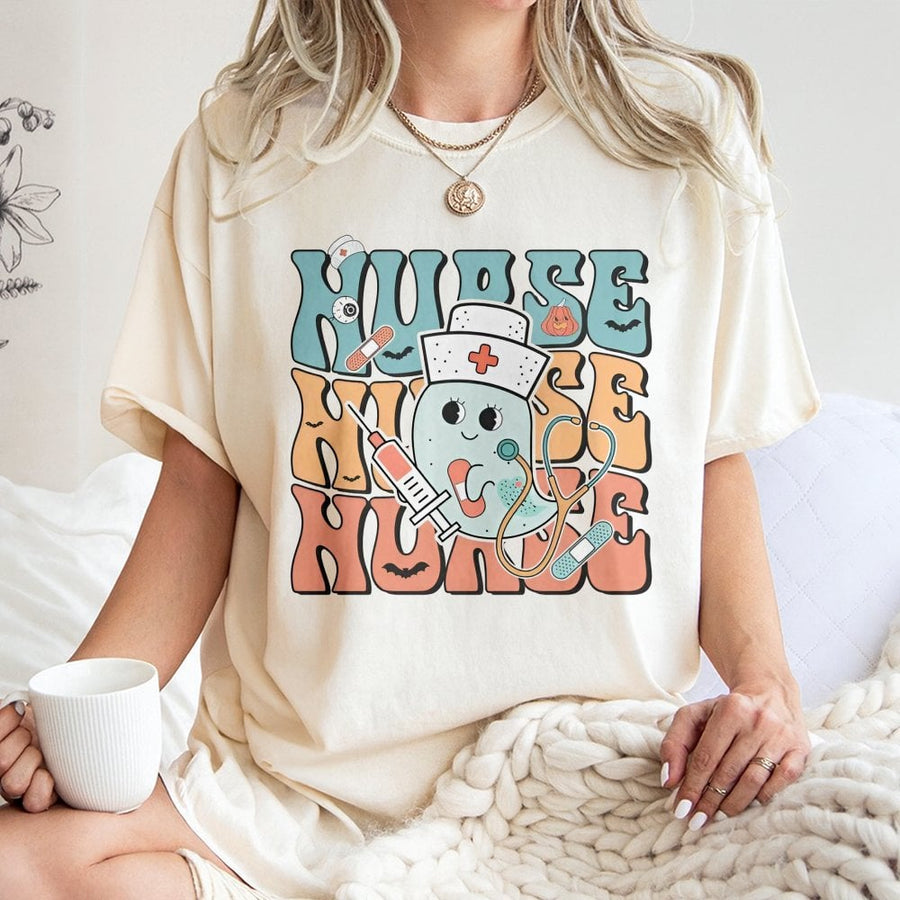 Ghost Nurse Halloween T-Shirt | Kawaii Cute Medical Graphic Tee | Premium 100% Cotton | Funny RN Nursing School Gift for Women