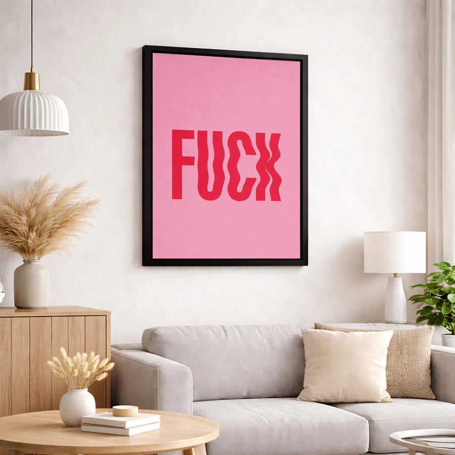 Wavy Typography Wall Art | Rude Red Text on Pink Canvas | 1.25-Inch Gallery Wrap | Edgy Modern Home Decor Gift