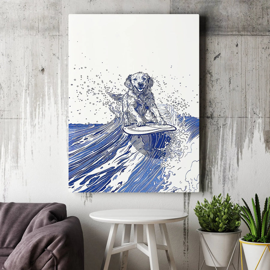 Surfing Dog Vertical Canvas | Minimalist Golden Retriever Sketch | Thick 1.25" Gallery Wrap | Premium Gift for Dog Lover, Beach House Wall Art