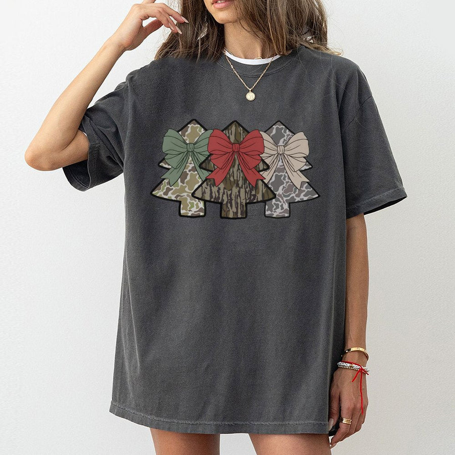 Camo Christmas Tree T-Shirt | Coquette Bow Holiday Graphic | Premium Cotton Unisex Tee | Country Hunting Lover Gift