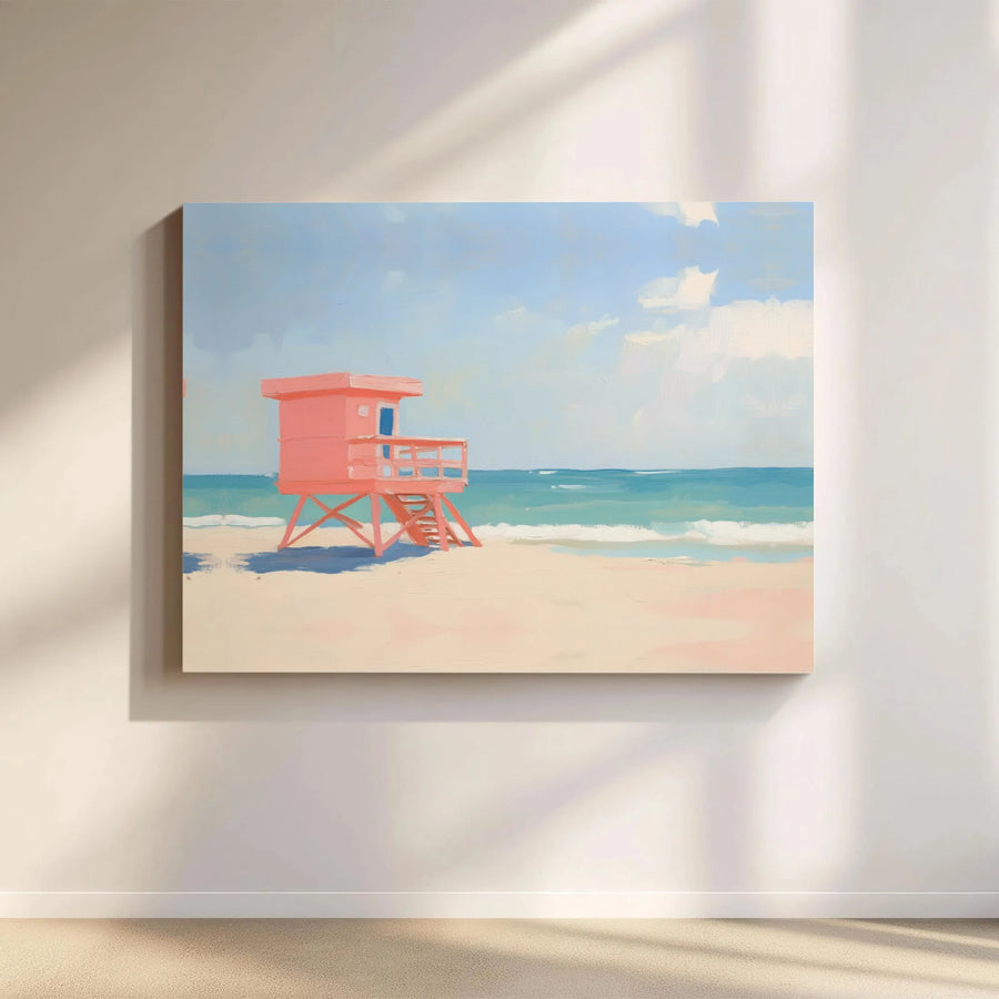 Pink Lifeguard Tower Wall Art | Painterly Beach Landscape Canvas | Premium 1.25" Gallery Wrap | Coastal Decor Gift for Beach Lovers
