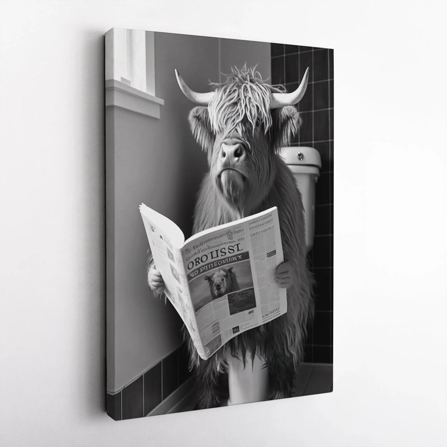 Highland Cow Bathroom Wall Art | Funny Animal Reading Newspaper Print | Premium Gallery Wrap Canvas | Humorous Home Decor Gift
