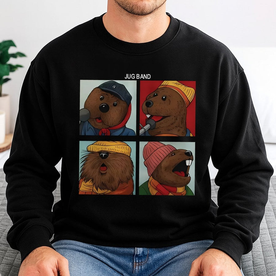 Jug Band Sweatshirt | Retro Cartoon Animal Quartet Design | Premium Cotton Polyester Blend | Funny Music Lover Gift For Musicians