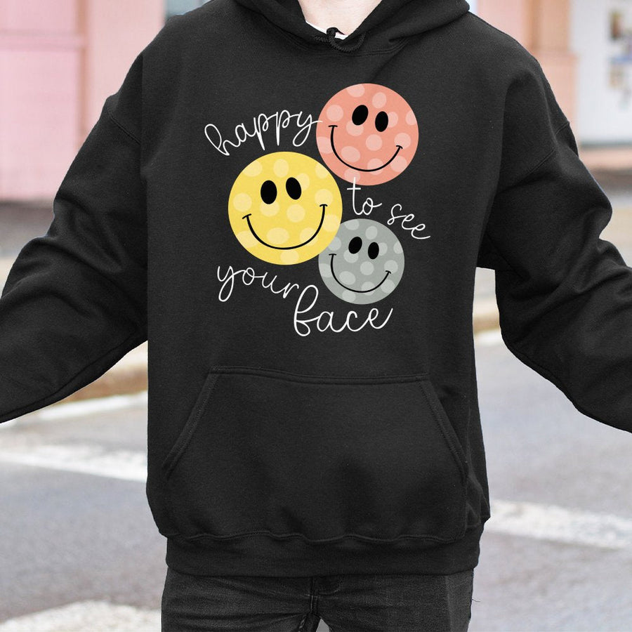 Happy To See Your Face Hoodie | Retro Smiley Face Graphic | Premium Cotton Blend | Back To School Teacher Gift for Her