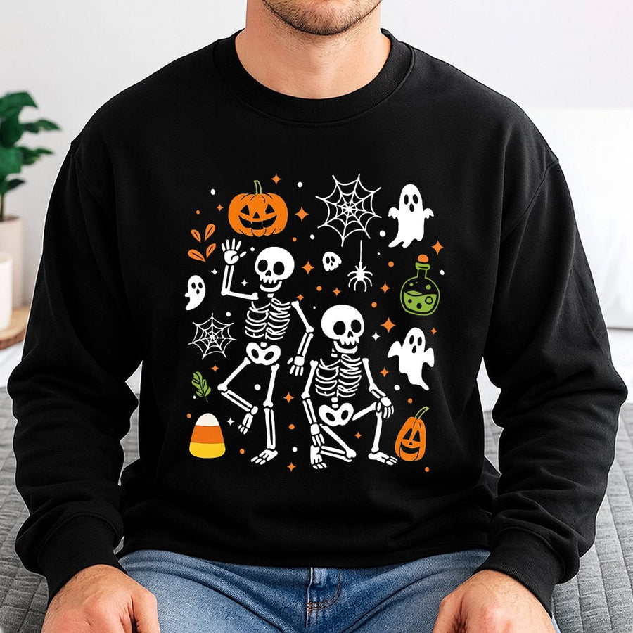 Dancing Skeleton Halloween Sweatshirt | Spooky Pumpkin Ghost Graphic Print | Premium Cotton Blend | Funny Fall Gift for Adults