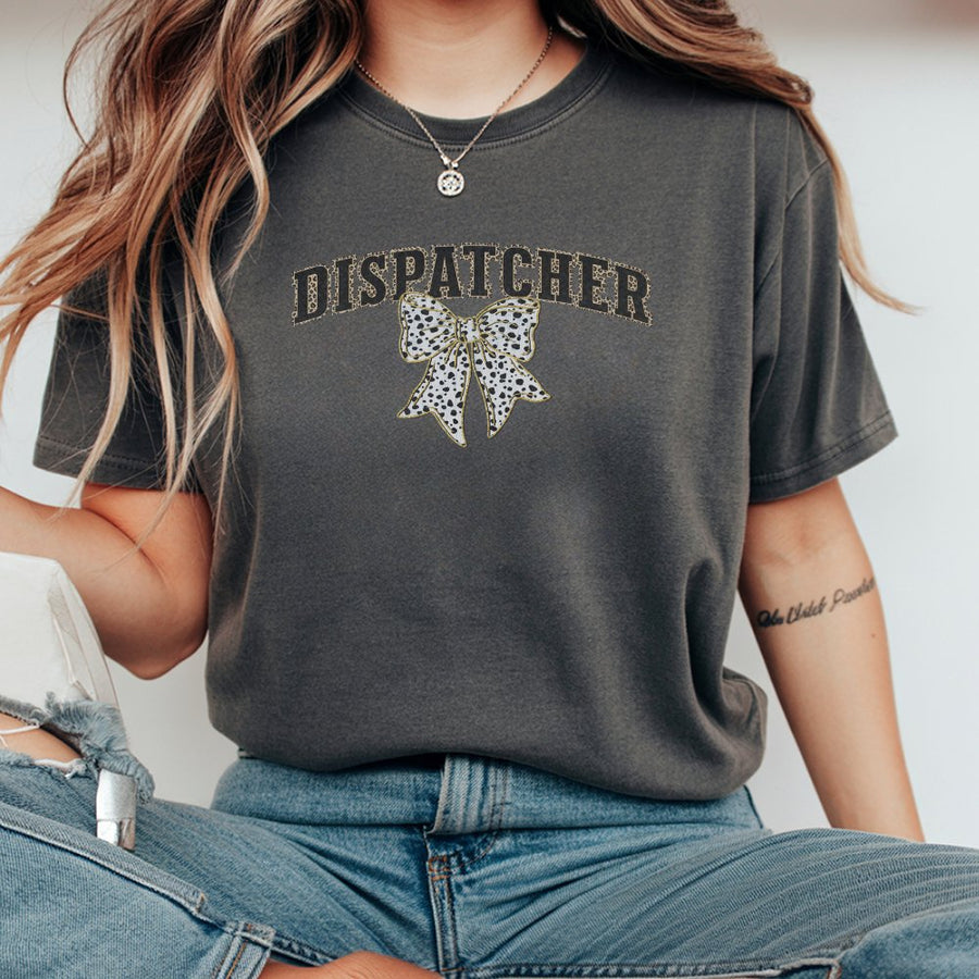 Dispatcher T-Shirt | Coquette Bow Leopard Print Graphic | Premium Soft Cotton | Gift for 911 Dispatcher First Responder