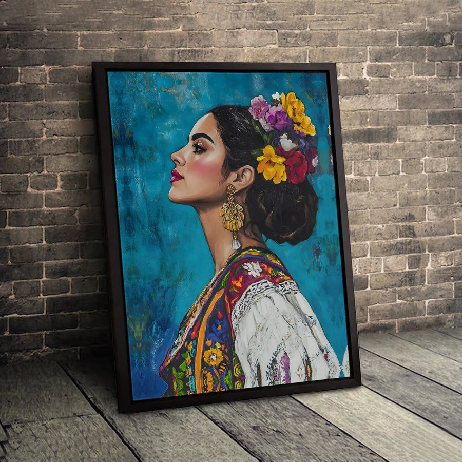 Hispanic Woman Wall Art | Floral Crown Portrait Canvas | Premium Gallery Wrap Print | Cultural Home Decor Gift for Her