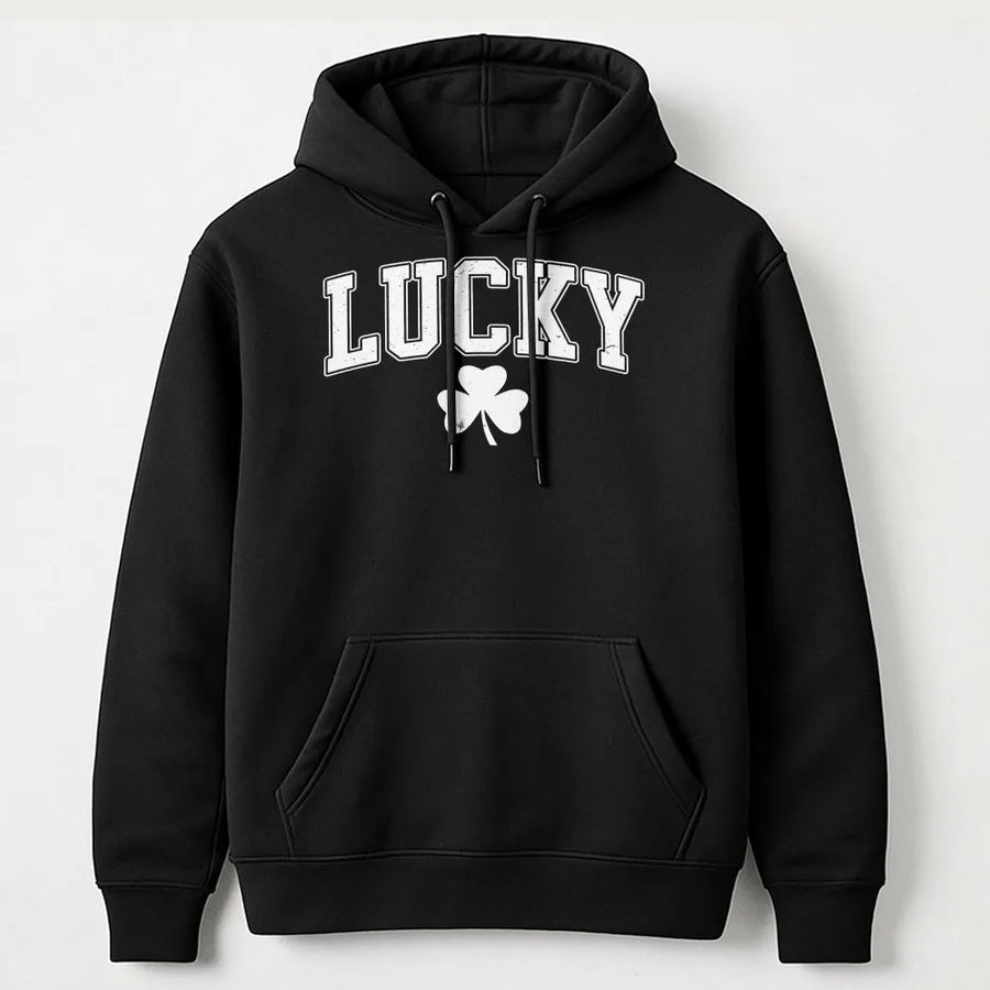 Lucky Shamrock Hoodie | Retro Collegiate Text Graphic | Premium Cotton Blend | St. Patrick’s Day Gift for Men & Women