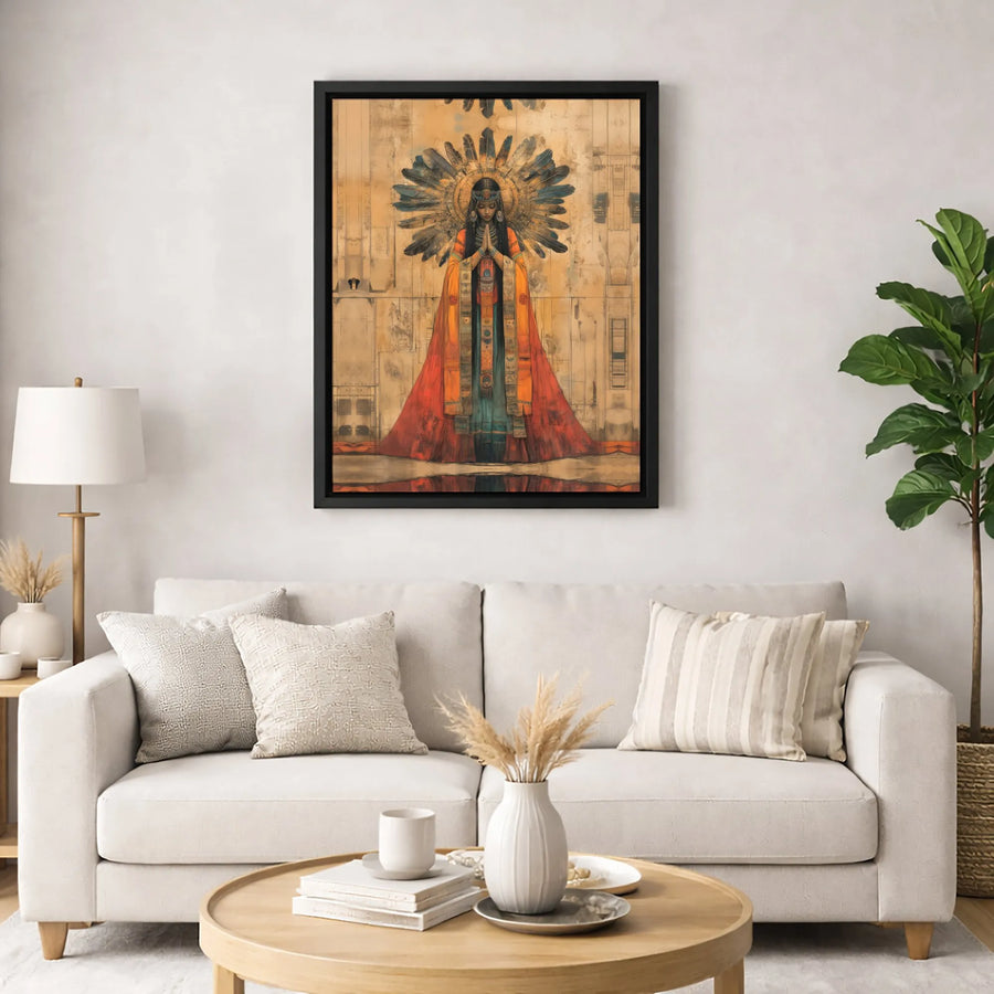 Native American Woman Wall Art | Spiritual Feather Headdress Portrait | Premium Gallery Wrapped Canvas | Boho Home Decor Gift