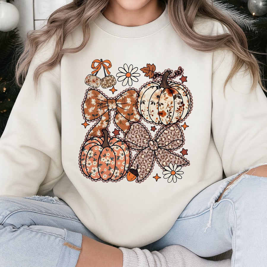 Floral Pumpkin Sweatshirt | Coquette Aesthetic Fall Bow Design | Premium Cotton Blend | Cute Autumn Thanksgiving Gift for Her
