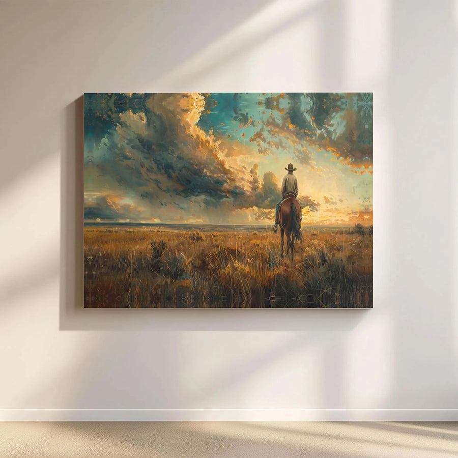 Lone Cowboy Canvas Art | Western Prairie Sunset Landscape | 1.25 Inch Gallery Wrap | Rustic Home Decor Wall Print