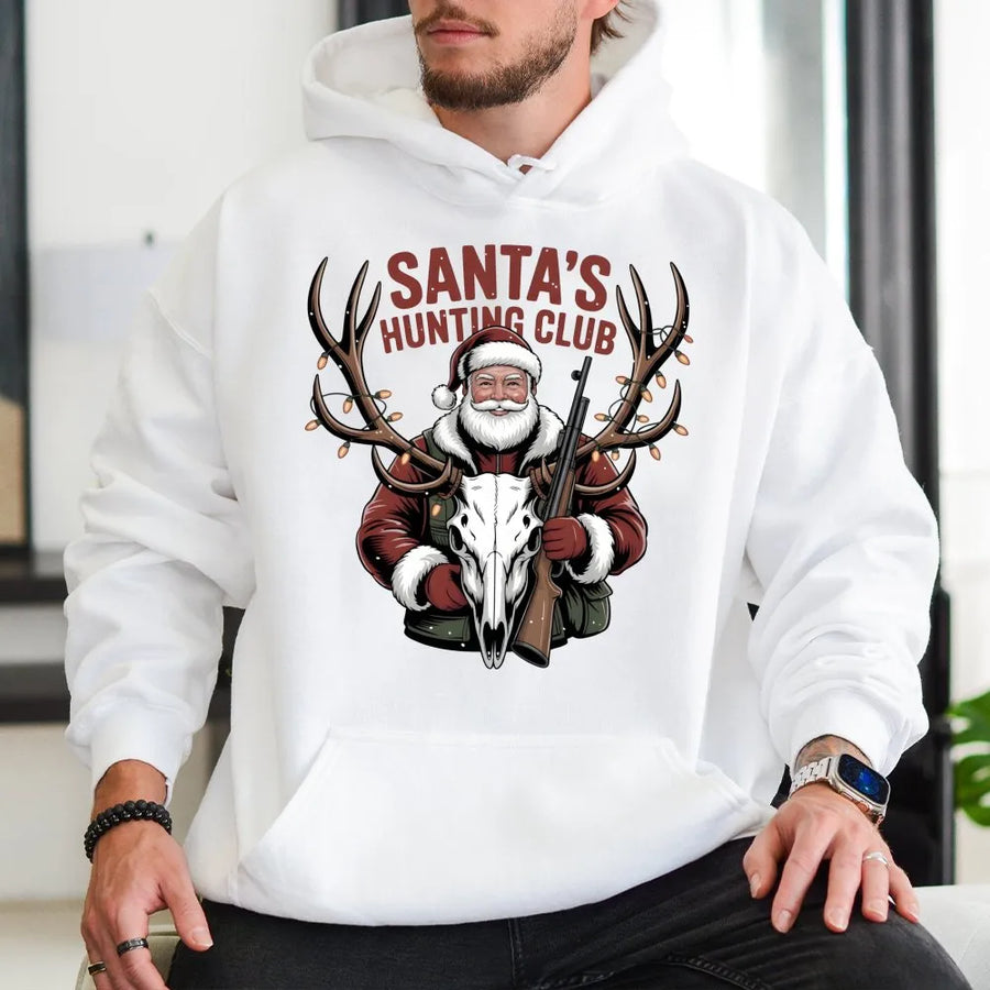Santa's Hunting Club Hoodie | Funny Christmas Deer Hunter Graphic | Premium Cotton Blend Sweatshirt | Unique Gift for Outdoorsmen Hunters