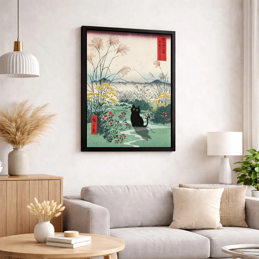 Japanese Black Cat Canvas Art | Ukiyo-E Style Mount Fuji Landscape | Premium Fade-Resistant Gallery Wrap | Gift for Cat Lovers & Asian Decor Enthusiasts