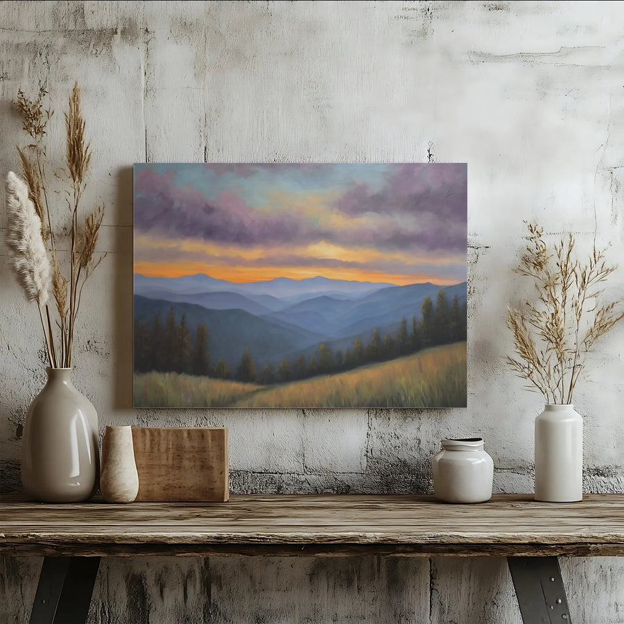 Mountain Landscape Canvas Wall Art | Purple Sunset Painting | Gallery Quality 1.25-Inch Profile | Nature Decor For Home Or Office