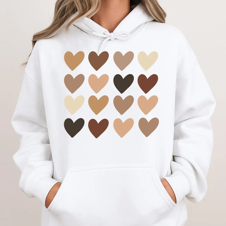 Diversity Hearts Hoodie | Inclusive Skin Tone Heart Graphic | Premium Cotton Blend Sweatshirt | Social Justice Equality Apparel Gift