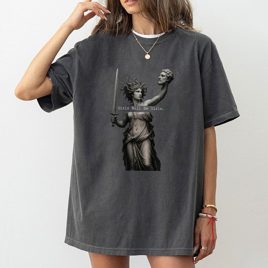 Medusa Feminist T-Shirt | Girls Will Be Girls Greek Mythology Art | Premium 100% Cotton Graphic Tee | Empowering Gift for Mythology Lovers