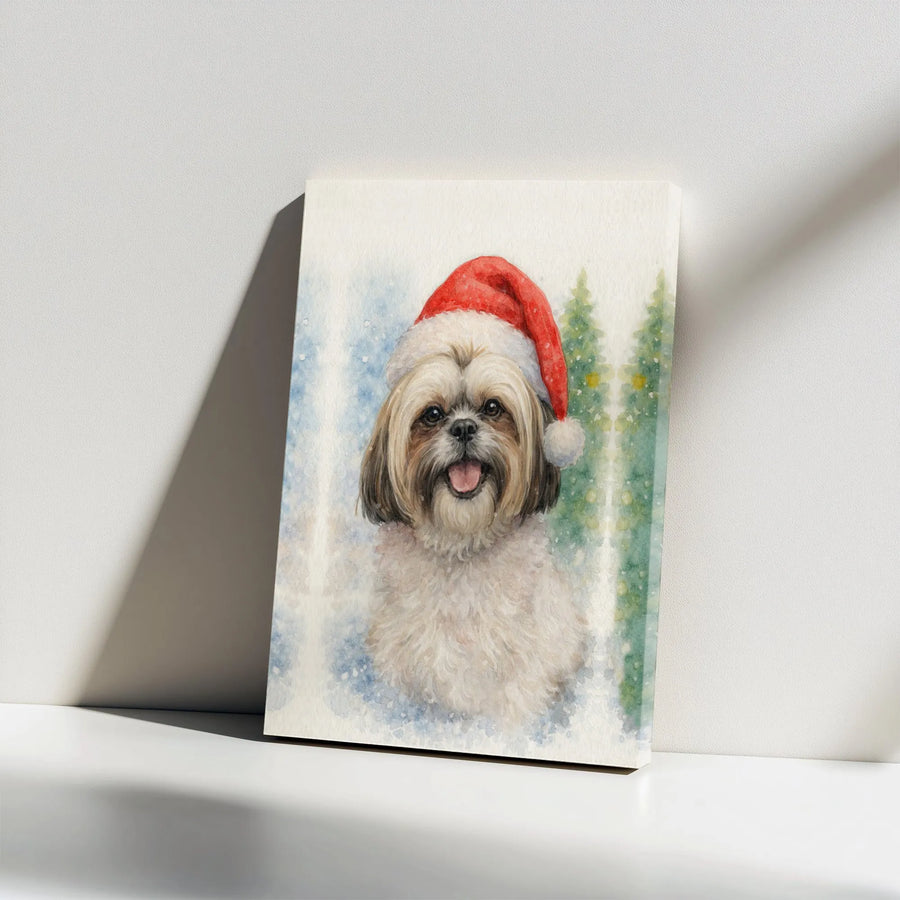 Shih Tzu Christmas Wall Art | Watercolor Dog in Santa Hat | Gallery Wrapped Premium Canvas | Festive Holiday Home Decor Gift for Dog Lovers