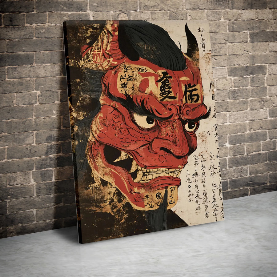 Japanese Red Oni Mask Wall Art | Ukiyo-e Style Kanji Decor | Premium Gallery Wrap Canvas | Gothic Home Office Decor Gift
