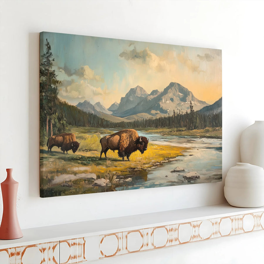 Tableau sur toile Bison Mountain | Paysage vintage de l'Ouest américain | Impression sur toile de qualité galerie | Cadeau de collectionneur pour décoration d'intérieur rustique