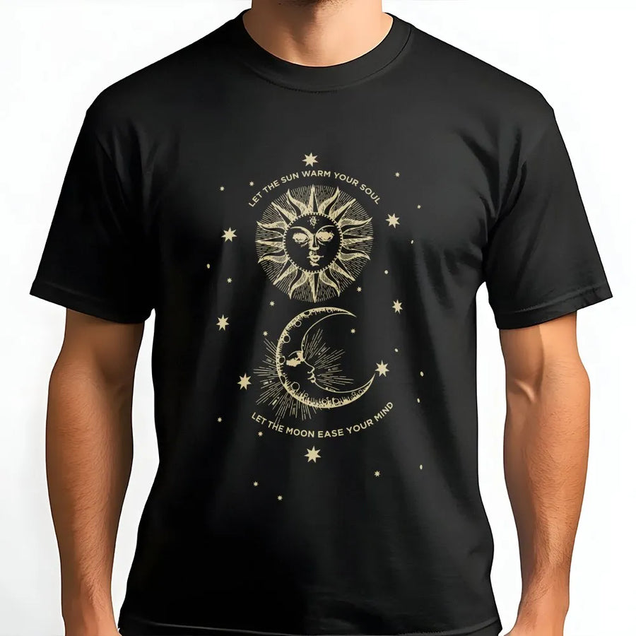 Let The Sun Warm Your Soul T-Shirt | Vintage Celestial Sun and Moon Graphic | Cozy Boho Crewneck | Spiritual Gift for Astrology Lover