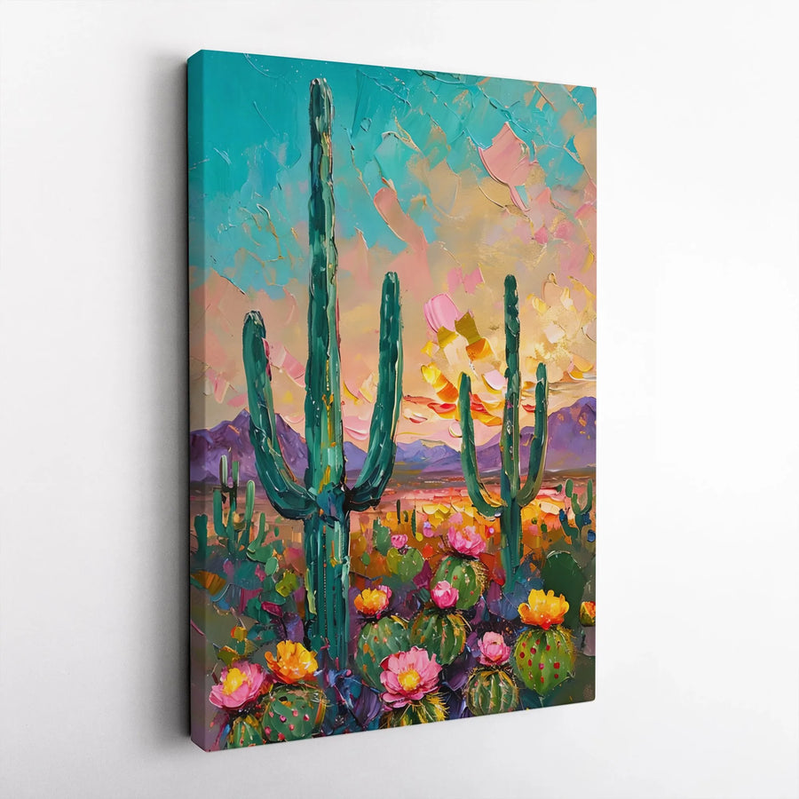 Desert Cactus Canvas Print | Impasto Sunset Landscape Wall Art | Gallery Quality 1.25" Thick | Southwestern Home Decor Gift